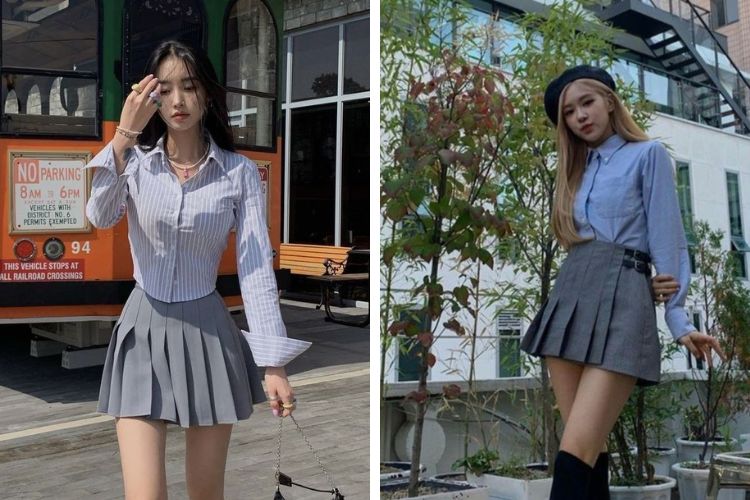 váy xếp ly ngắn phối với áo gì